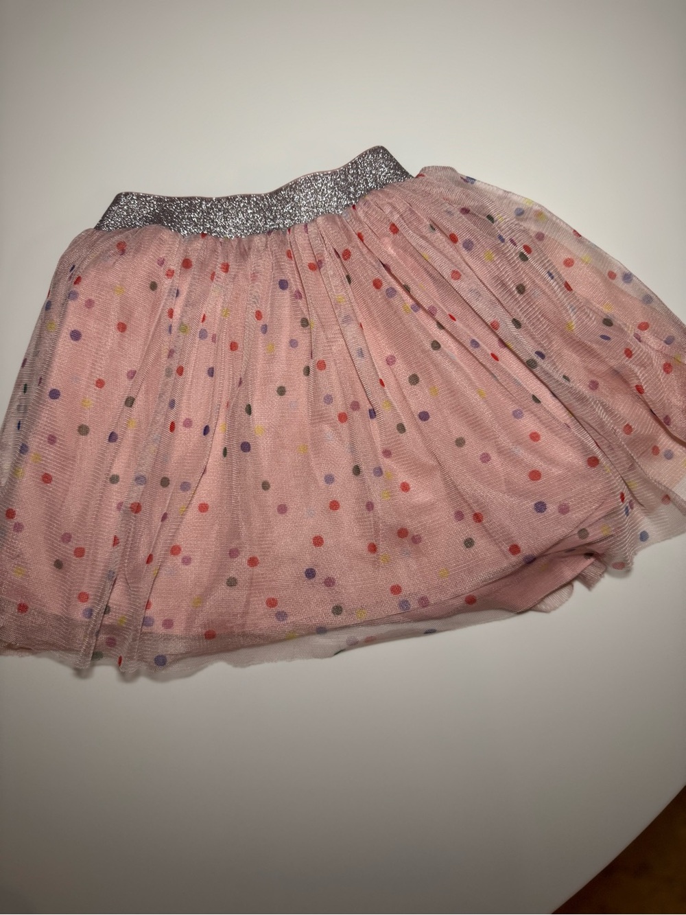 Girls' Pink Polka Dot Tulle Skirt with Silver Elastic Waistband